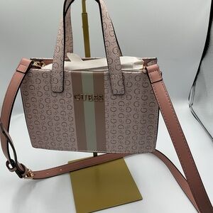 Guess Pink Monogram Satchel with Gold Logo and Stripe